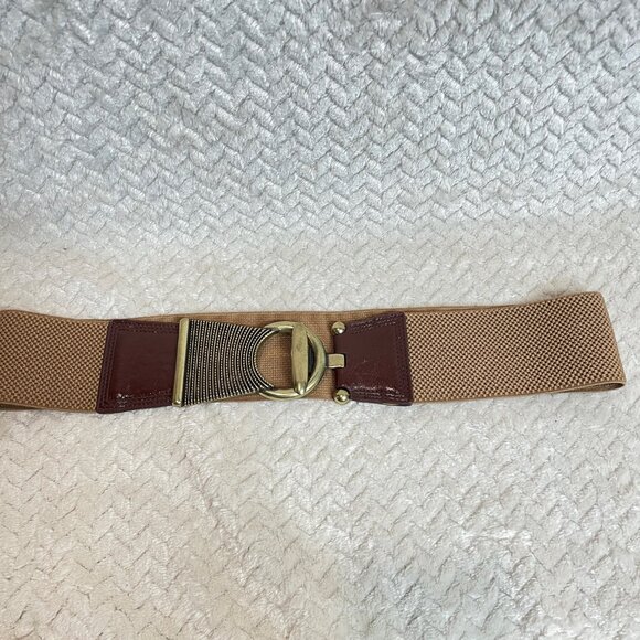 New Directions Stretch Web Waist Belt S/M Tan Gold Tone Buckle | Maximalist - Picture 2 of 7
